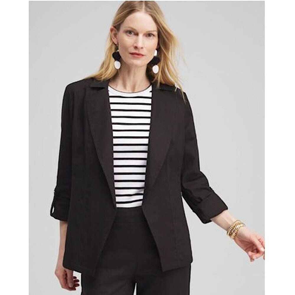 Chico's Black Linen Blend Roll-Tab Blazer Jacket Size 0 (US 4)